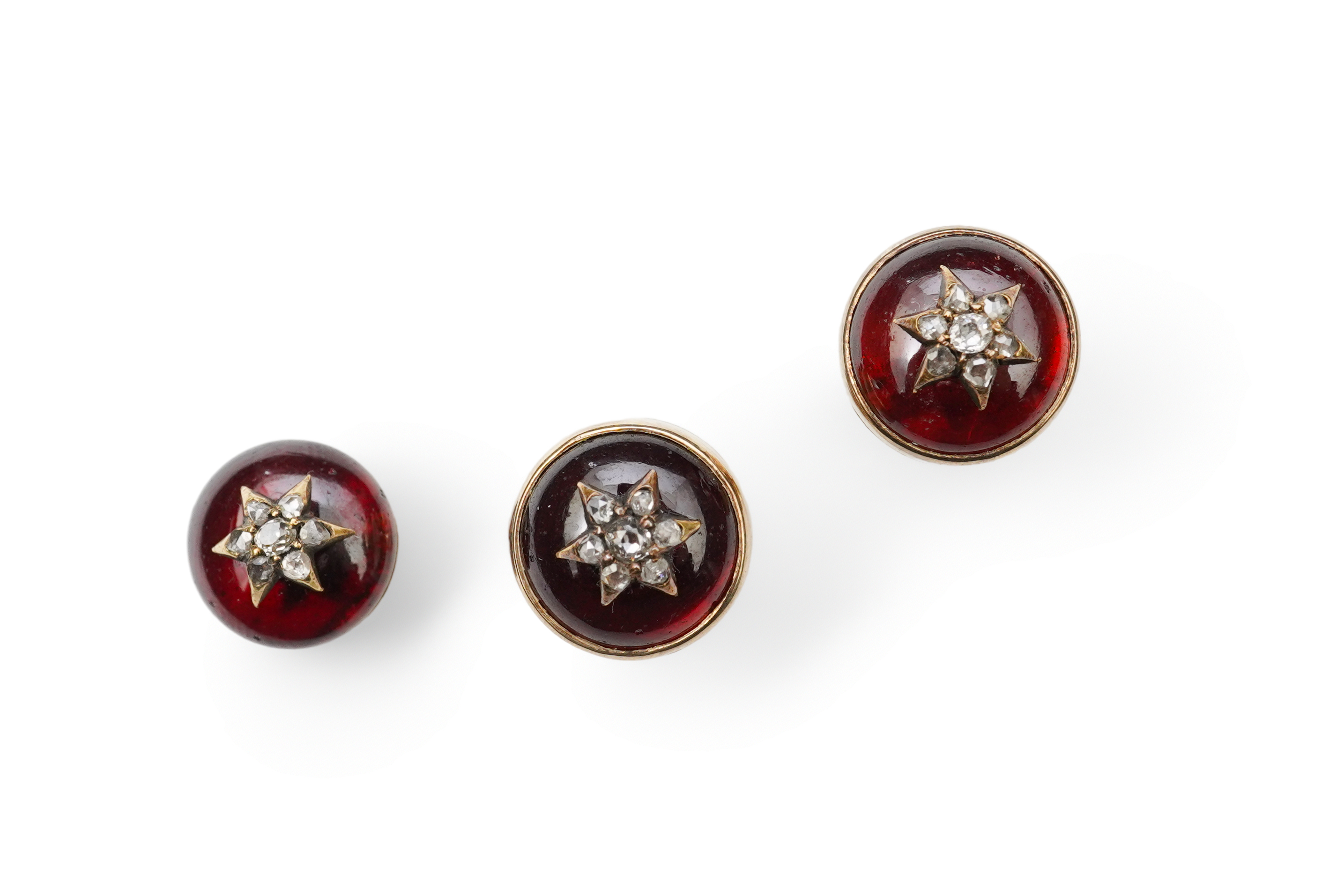 A pair of garnet and diamond ear studs and a matching collar stud, mid 19th century and later